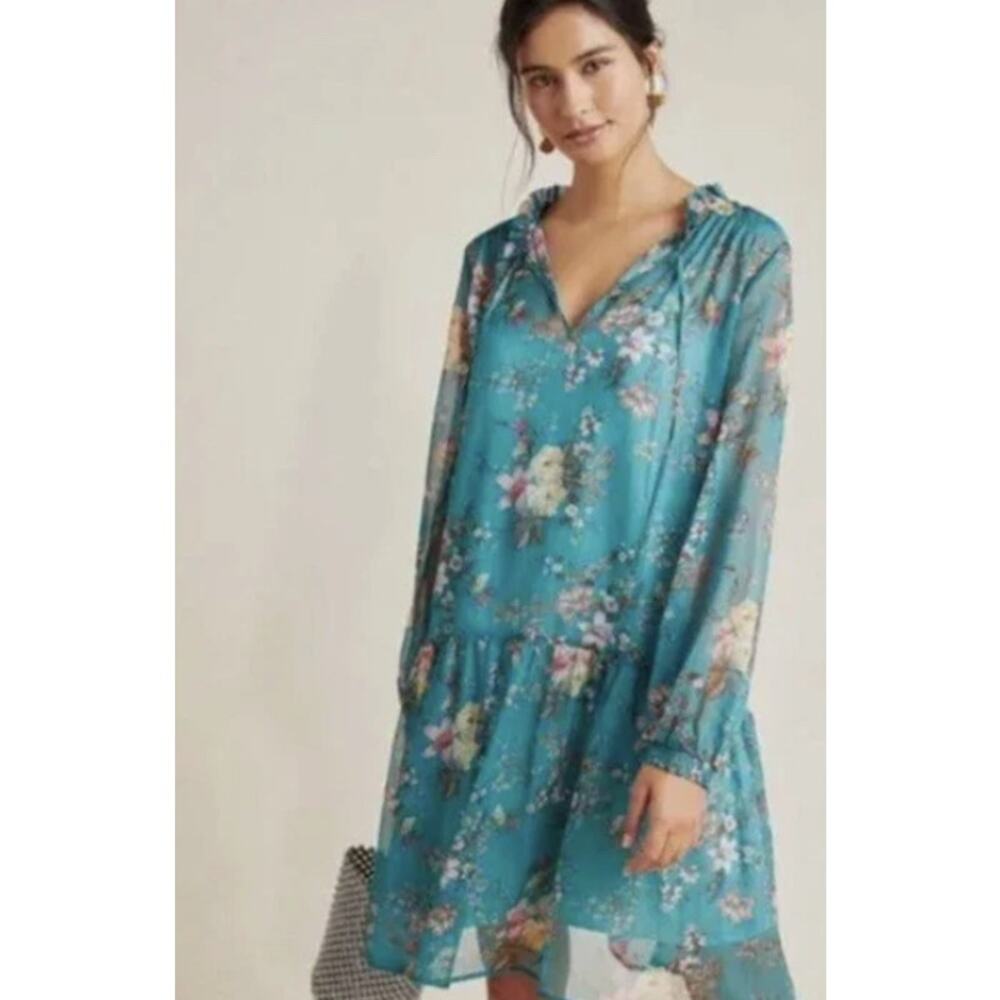 Anthropologie Maeve Emmy Floral Tunic Long Sleeve Sheer Dress Teal Size Small - Picture 2 of 12